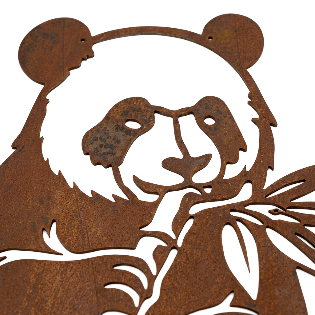 Silhouette de panda Les Artisans du Jardin en acier brut découpé au laser avec une patine rouille naturelle