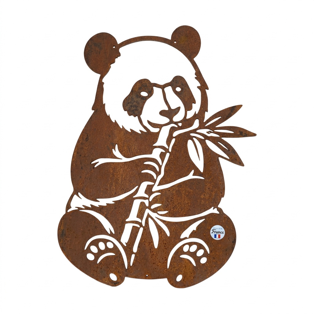 Silhouette de panda Les Artisans du Jardin en acier brut découpé au laser, format 30cm à fixer sur support
