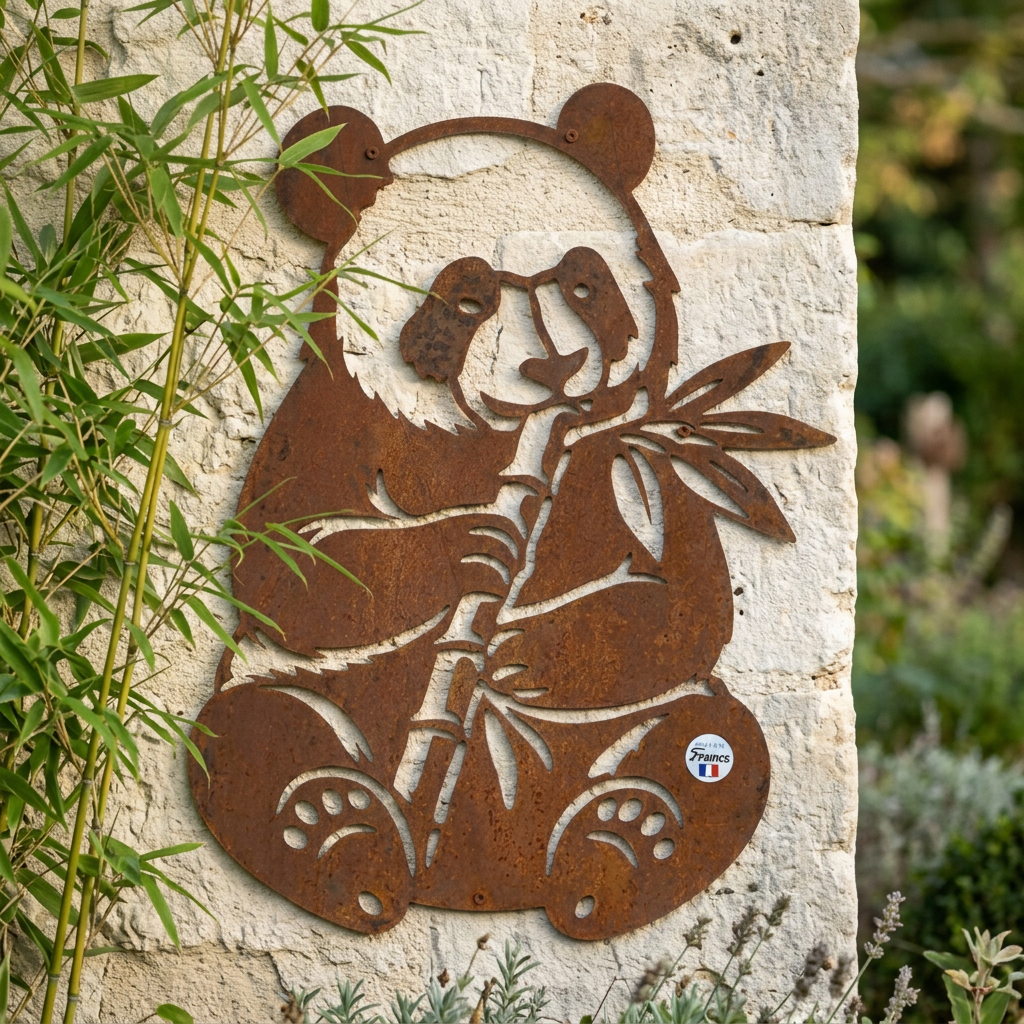 Silhouette de panda en acier brut Les Artisans du Jardin fixée sur un mur en pierre, style décoratif pour jardin