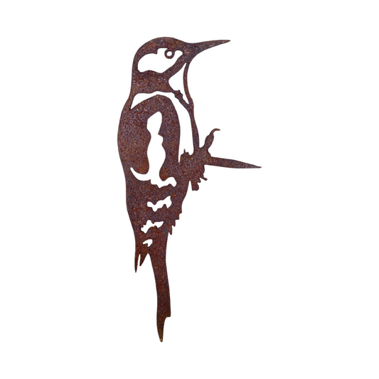 Silhouette de pic vert en acier brut Les Artisans du Jardin pour décoration de jardin à planter dans un arbre