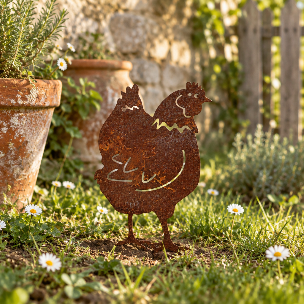Silhouette de poule en acier brut Les Artisans du Jardin plantée dans l'herbe avec une patine rouille naturelle