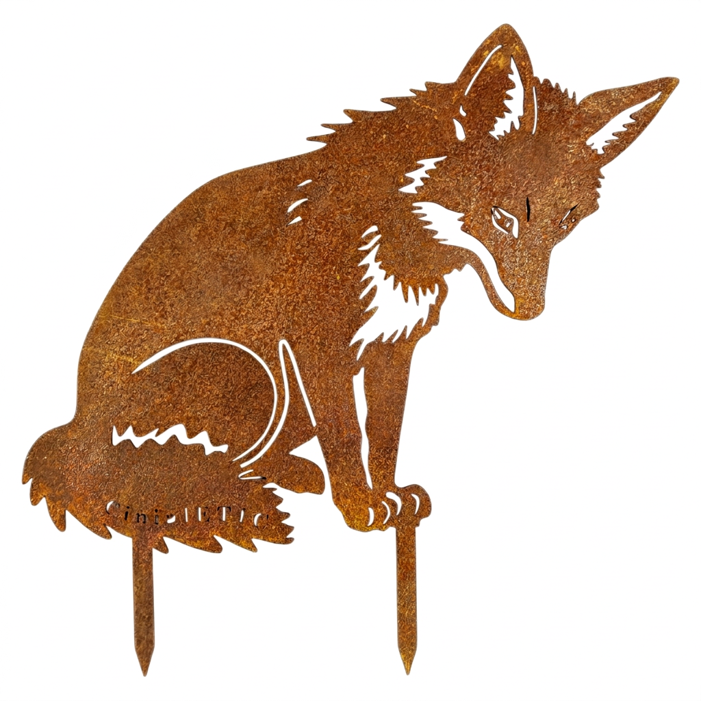 Silhouette de renard à l'affût Les Artisans du Jardin en acier brut découpé au laser avec patine rouille naturelle