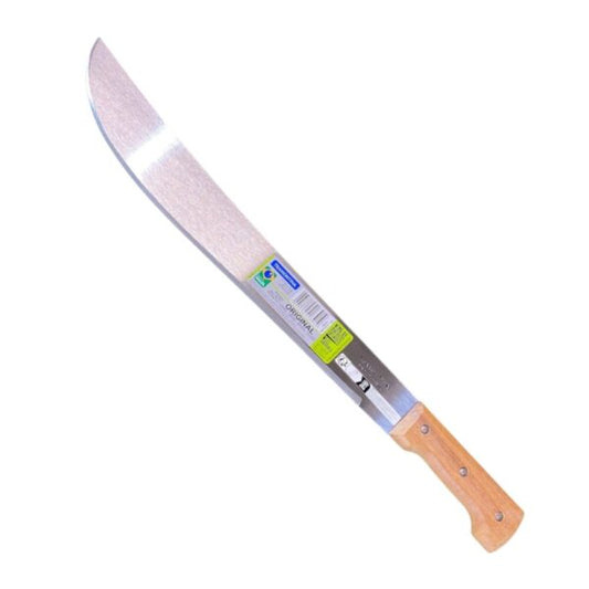 Machette de jardinage Tramontina avec lame de 46 cm et manche en bois, affichant étiquette et fini métallique brillant.