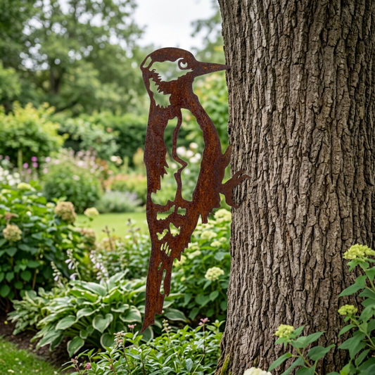 Mise en scène du pic épeiche le long d’un arbre dans un jardin