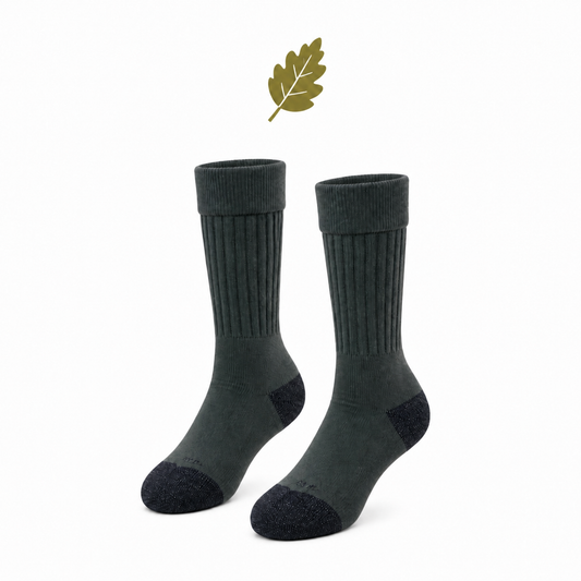 Chaussettes longues en laine française pour climat tempéré, couleur sombre, motif côtelé, avec renforts au talon et à l’avant. Jardin, chasse et pêche.