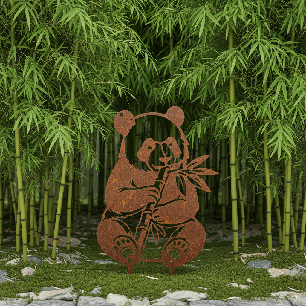 Silhouette de panda en métal rouillé, décor de jardin, panda câlin dans un décor de bambous.