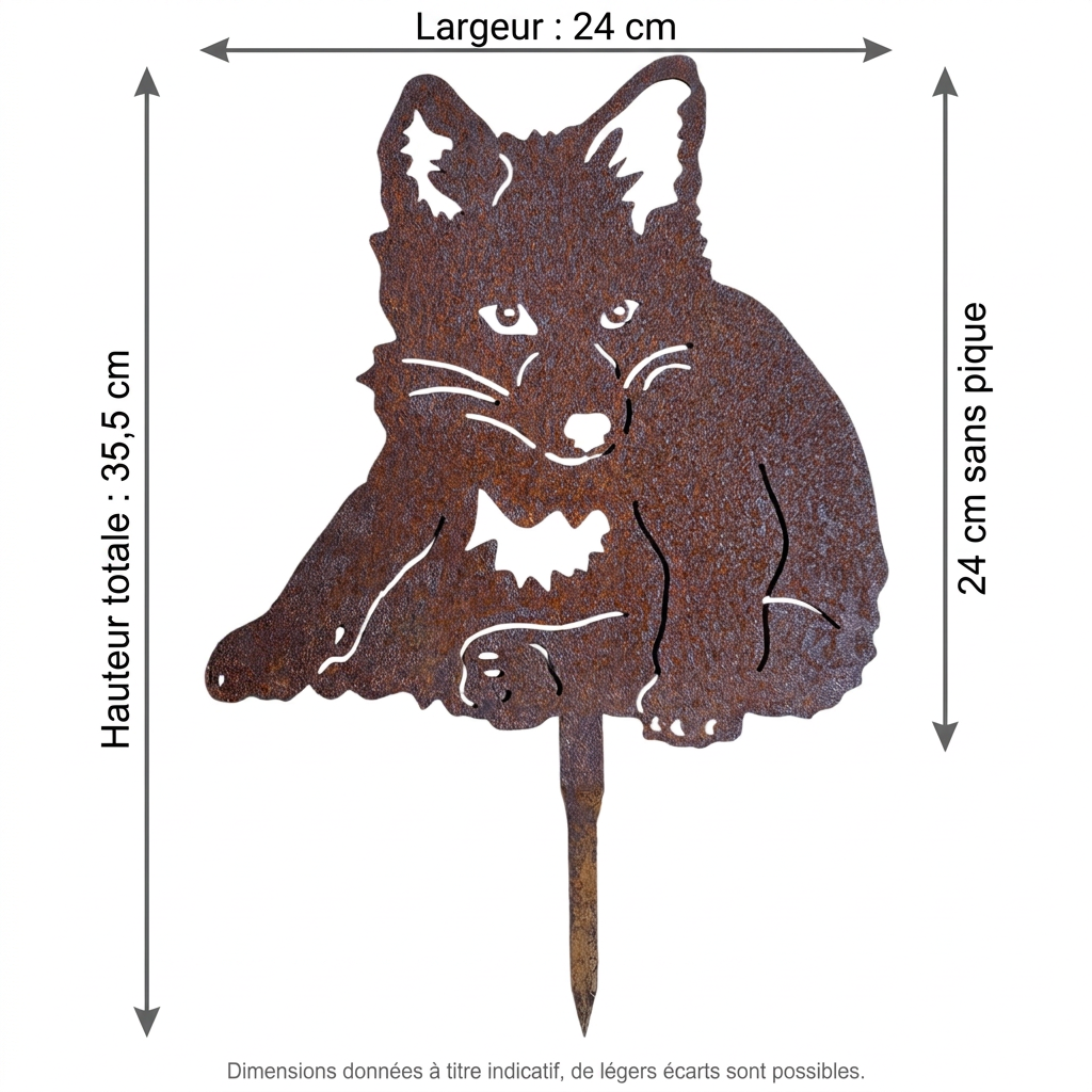 Renard avec dimensions : hauteur totale 35,5 cm, largeur 24 cm et hauteur sans pique 24 cm