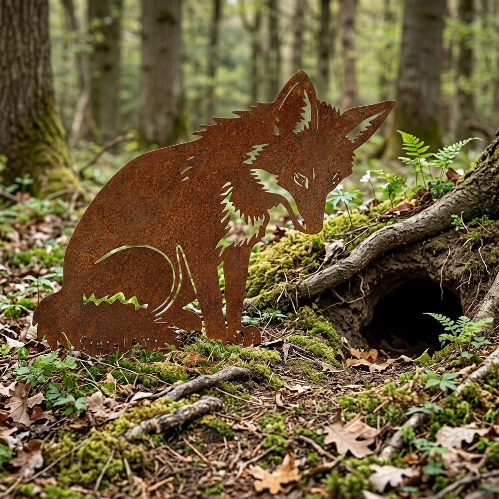 Renard en acier rouillé dans un sous-bois face à un terrier de lapin