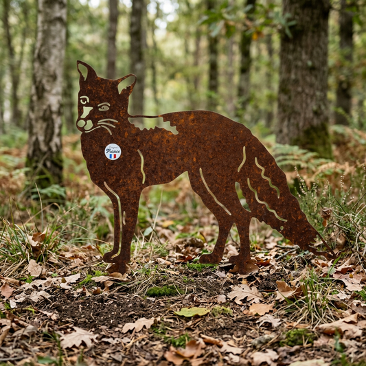 Renard en métal à l’orée d’une forêt, sans piques visibles et les pattes au sol