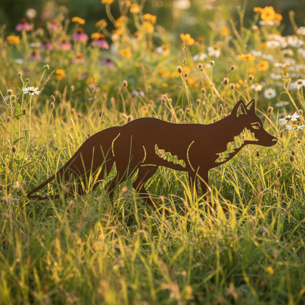 Silhouette de renard en métal, couché dans l’herbe d’un pré fleuri au coucher du soleil, avec le nom Silhouette renard à l’affût.