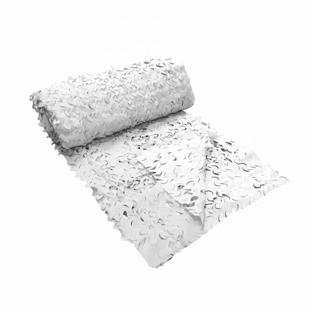 Rouleau et morceau de filet camouflage blanc/gris – CamoJardin au mètre, texture légère à motifs flocons blancs.