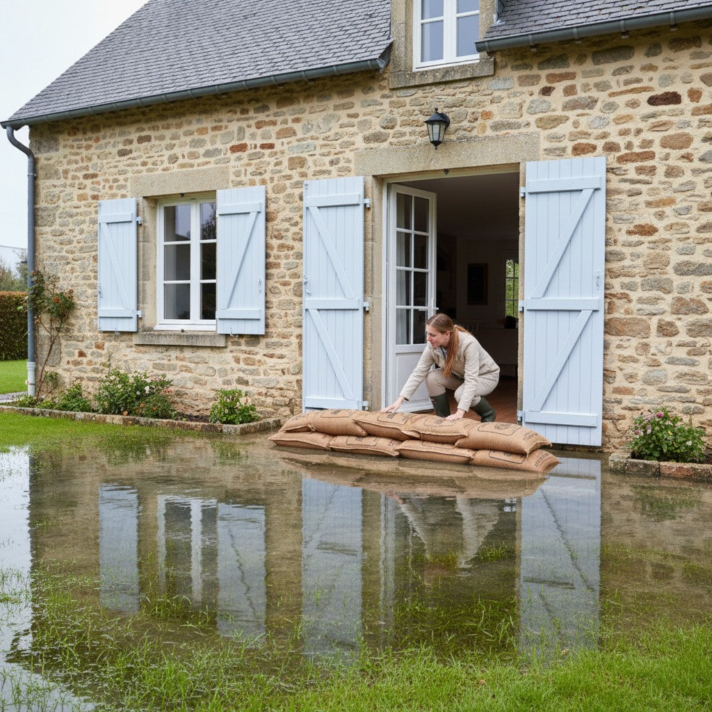 Stormbag – Sac Anti-Inondation & Réserve d'Eau pour le Jardin: femme plaçant des sacs de sable devant une maison en pierre pour protéger contre les inondations, jardin submergé.