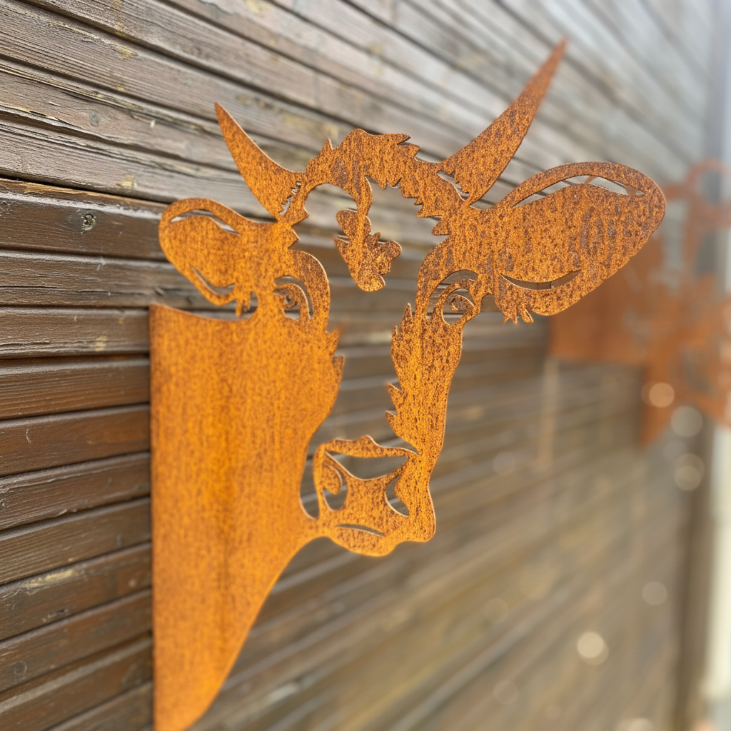 Silhouette en métal rouillé représentant une tête de vache, fixée sur une façade en bois.