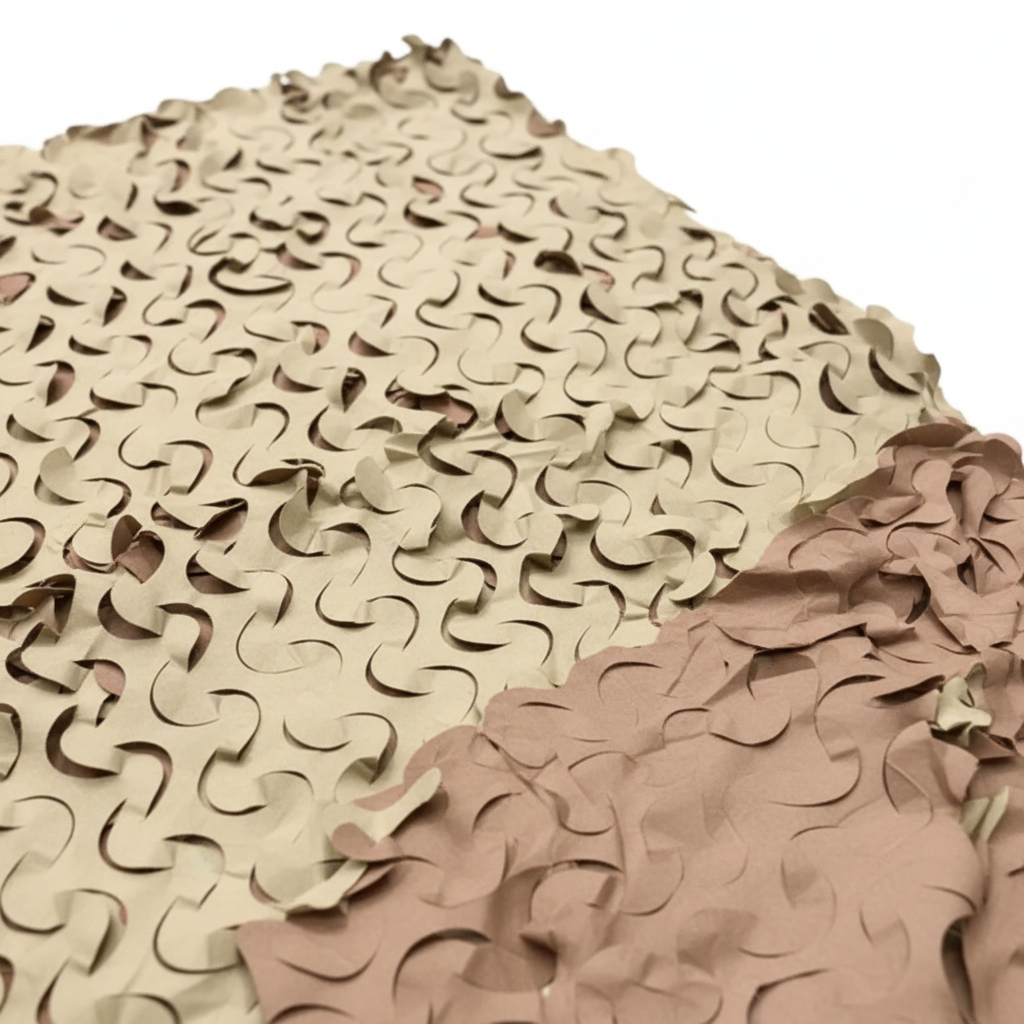 Filet de camouflage sable, motif talons en relief beige et rosé, texture complexe pour camoufler en extérieur.